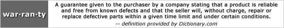 warranty: A guarantee given to the purchaser by a company stating that a product is reliable and free from known defects and that the seller will, without charge, repair or replace defective parts within a given time limit and under certain conditions. (Dictionary.com)